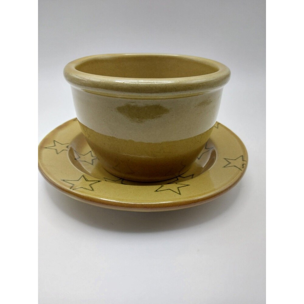 Vintage Americana General Yellowware Stoneware Bowl & Saucer Set Star Pattern